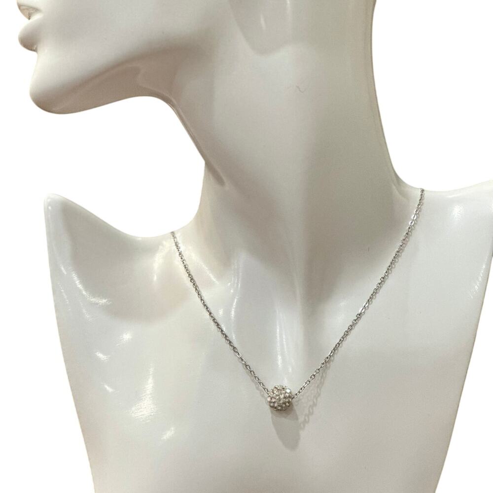 Silver ball chain necklace with rhinestone pave